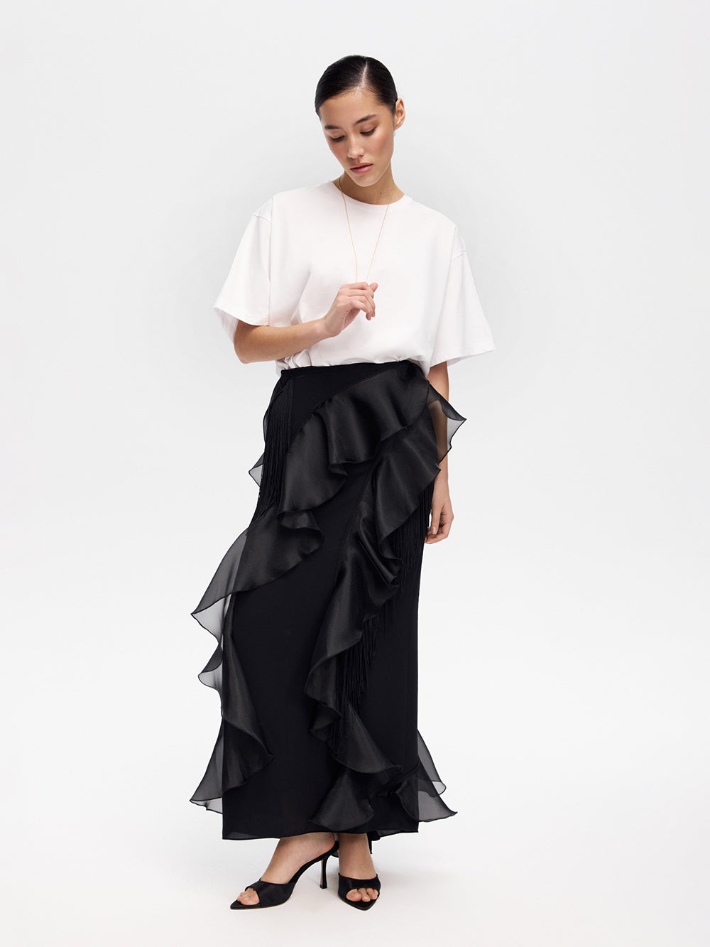 Black ruffle and fringe maxi skirt