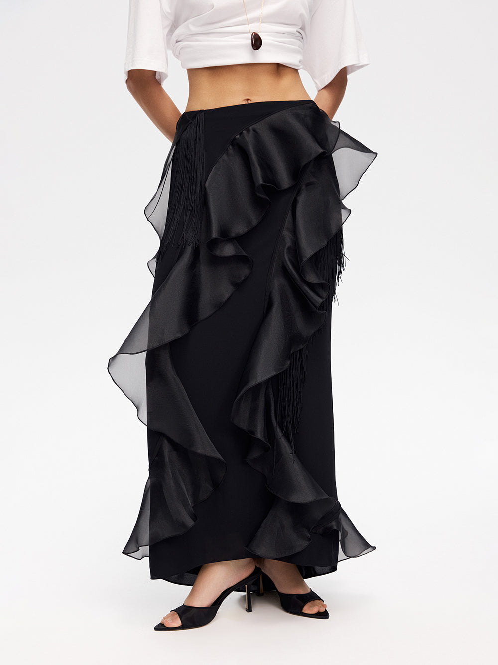 Ruffle & Fringe Maxi Skirt