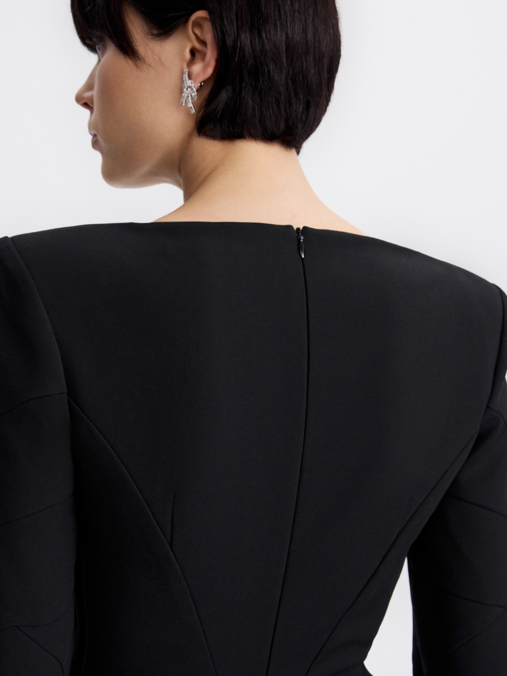 PRAS sculpted sheath dress in black, back neckline detail
