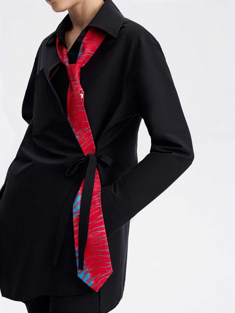 Red tiger-stripe silk-lined tie, side view