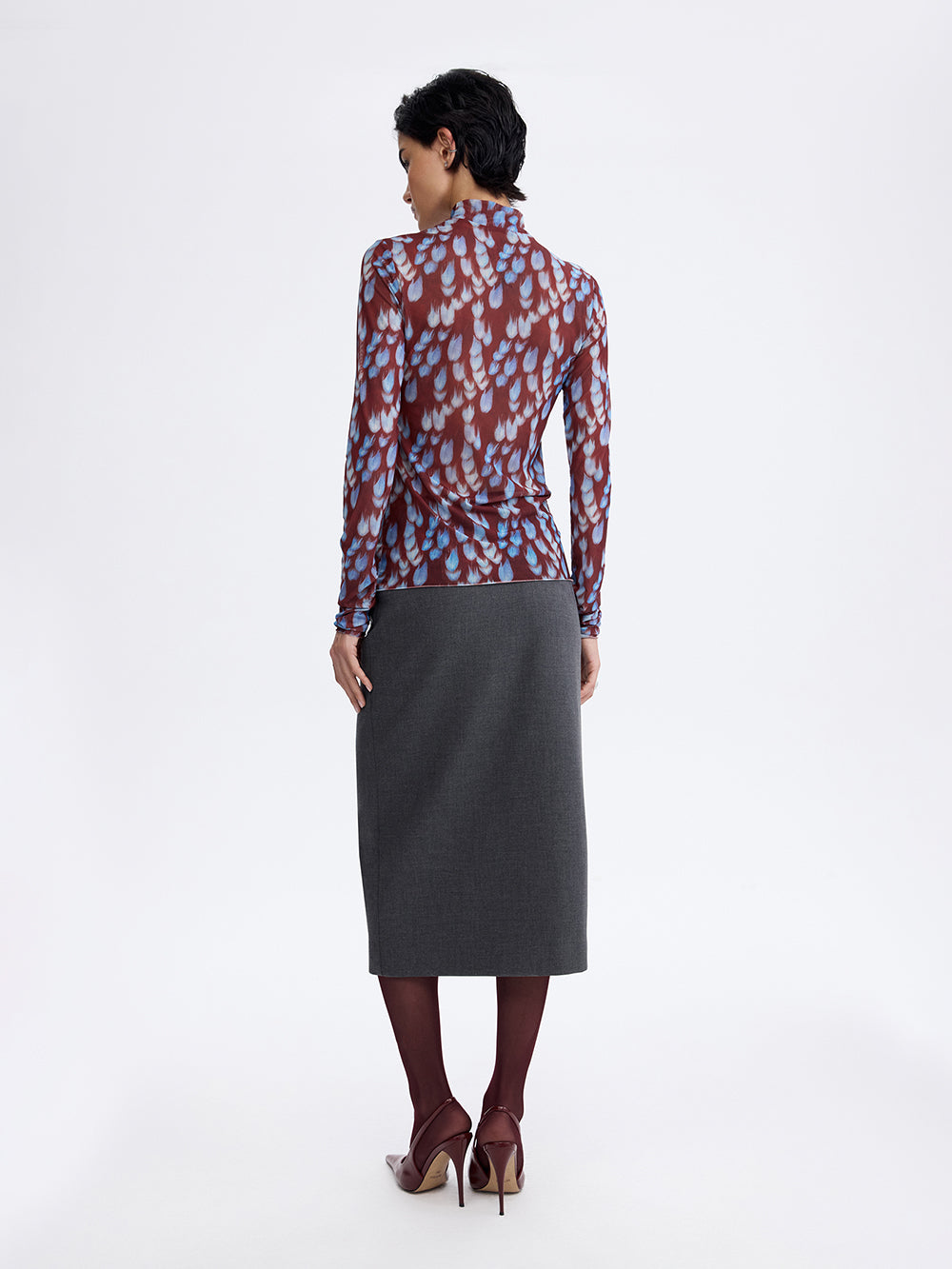 PRAS printed mesh top in burgundy and blue, back