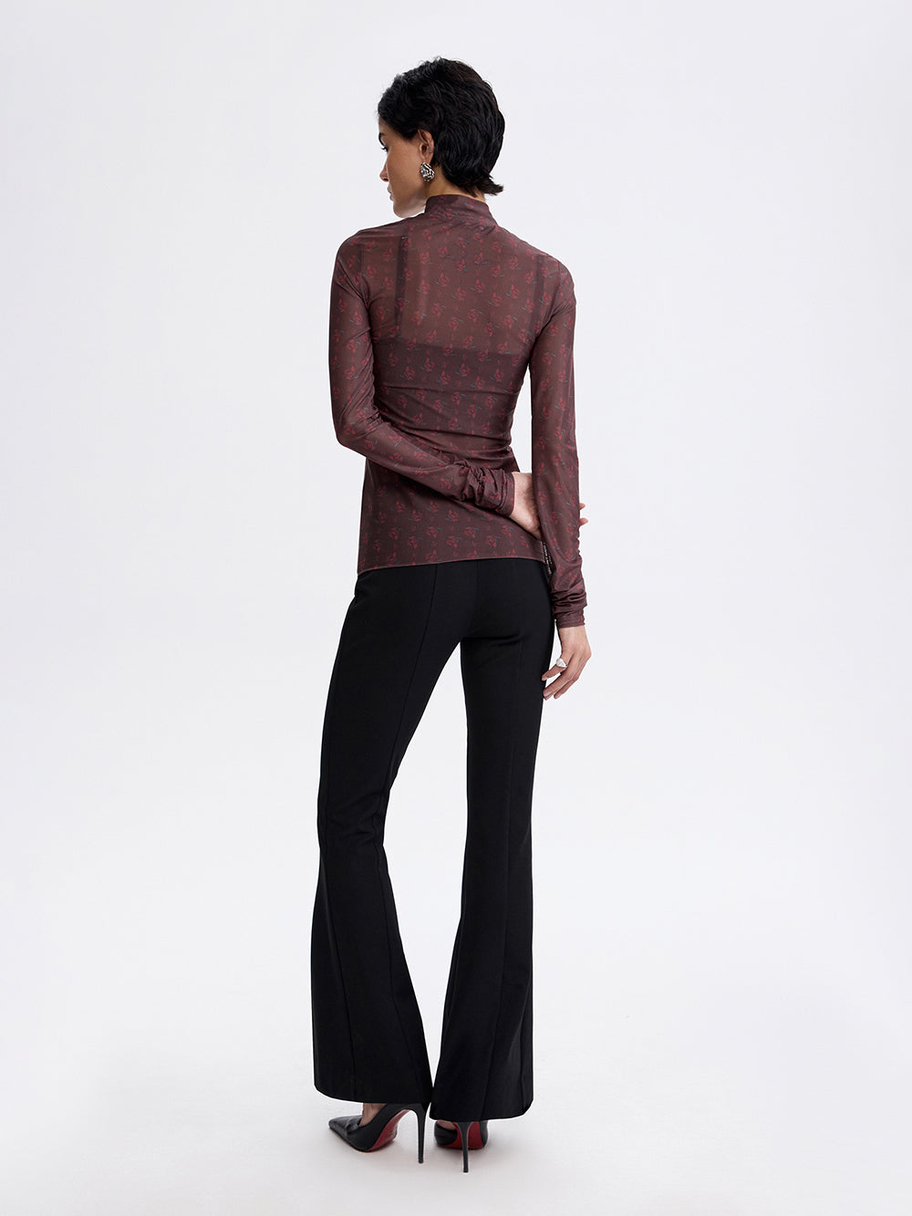 PRAS printed mesh top in burgundy, back