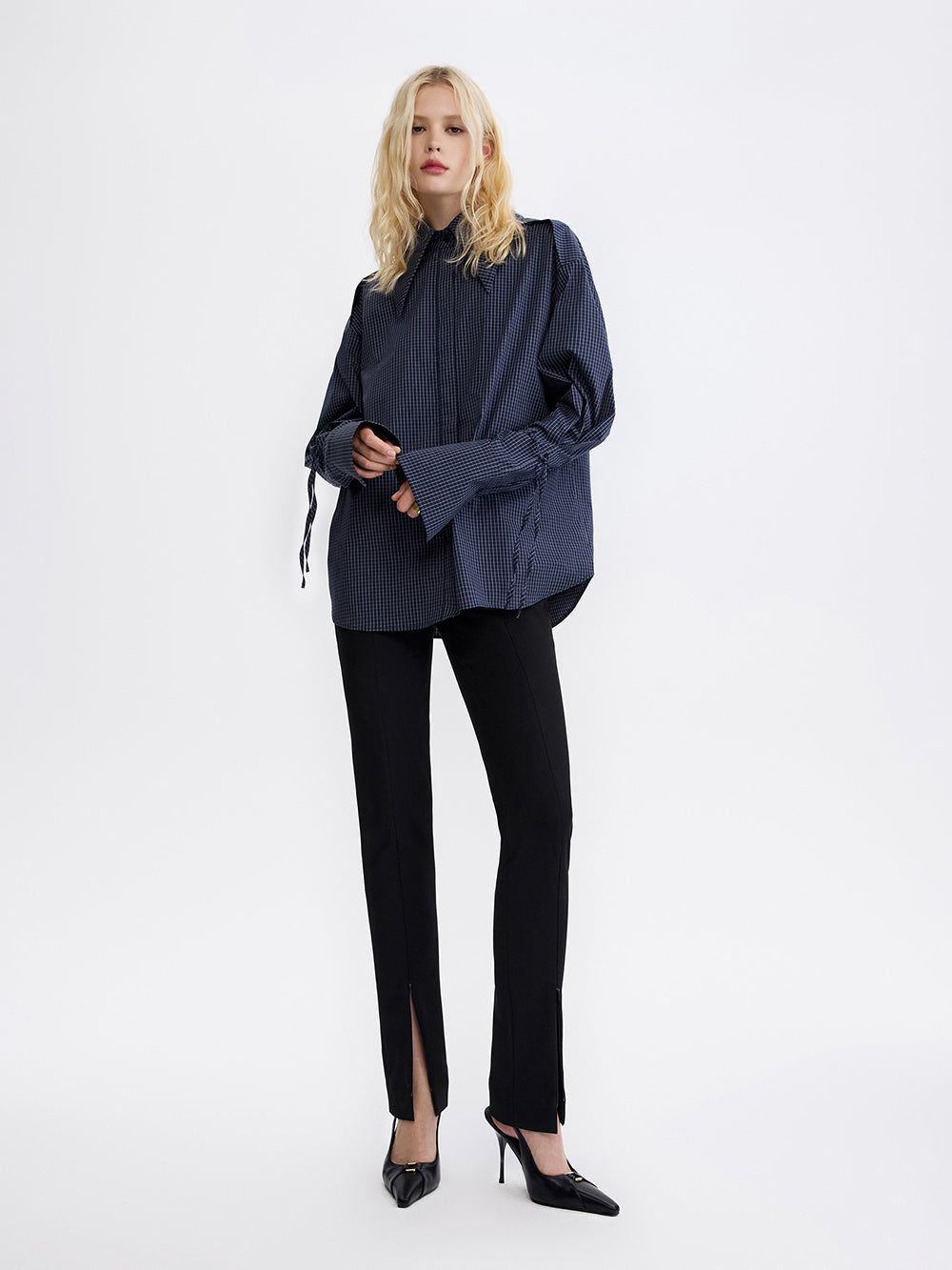PRAS tie-sleeve check shirt, front, full length