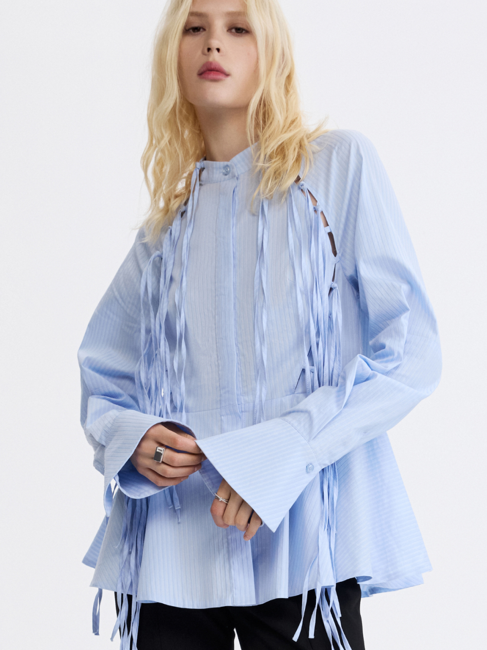 PRAS fringe peplum shirt, front with fringe