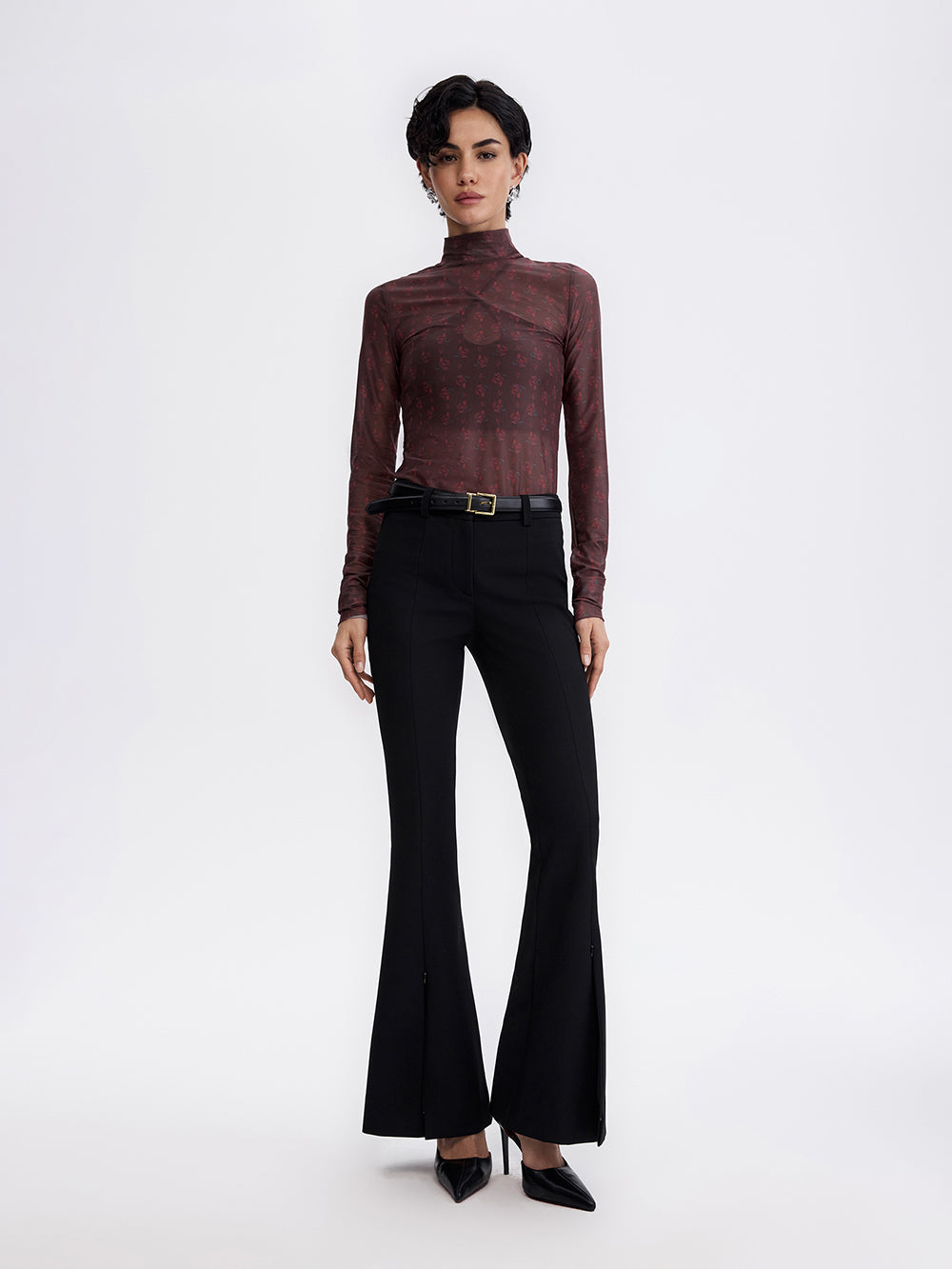 PRAS printed mesh top in burgundy, front, full length