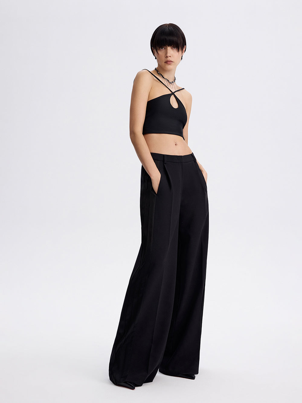 PRAS satin stripe palazzo trousers, front, full length