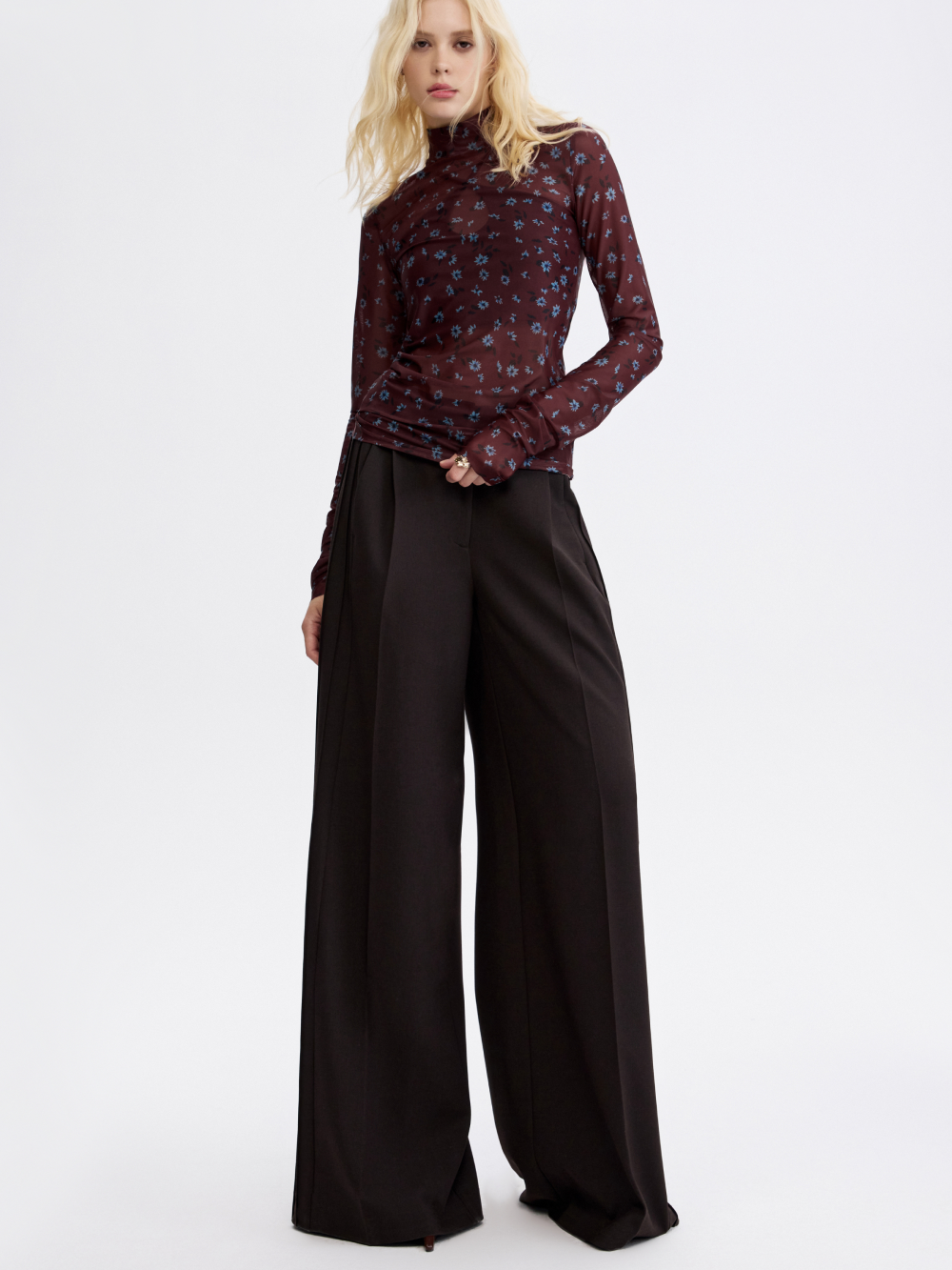 PRAS printed mesh top in brown floral, front, full length