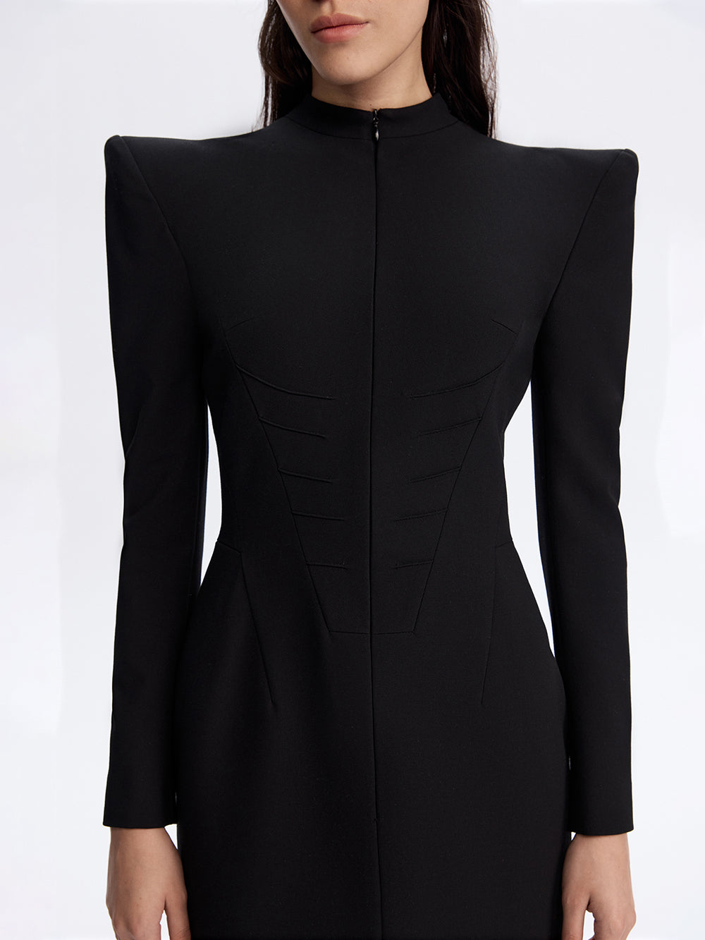 PRAS sheer back sheath dress, front with seam detail