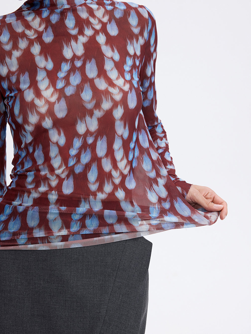 PRAS printed mesh top in burgundy and blue, sheer fabric detail