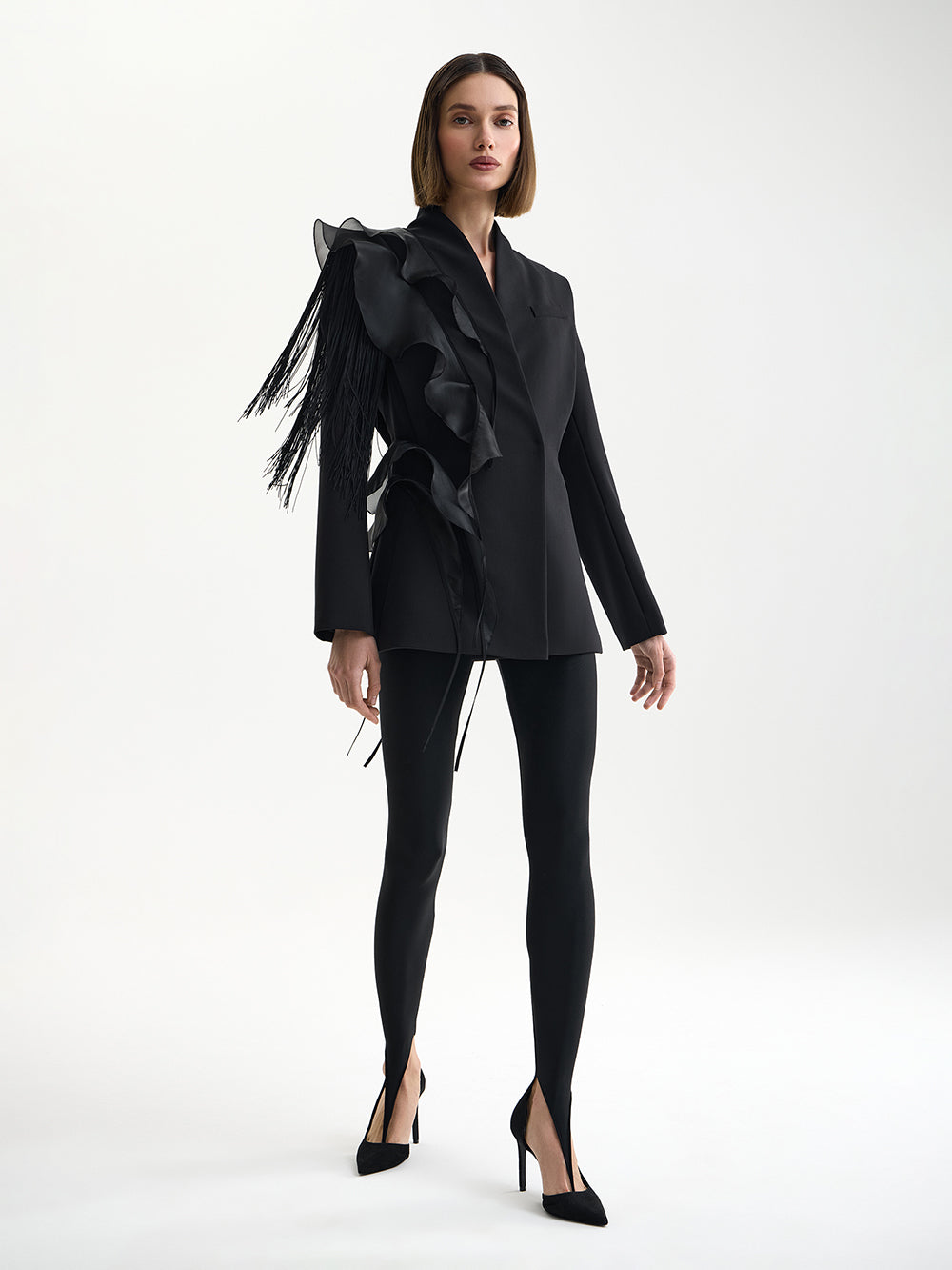 PRAS organza frill jacket, front with fringe