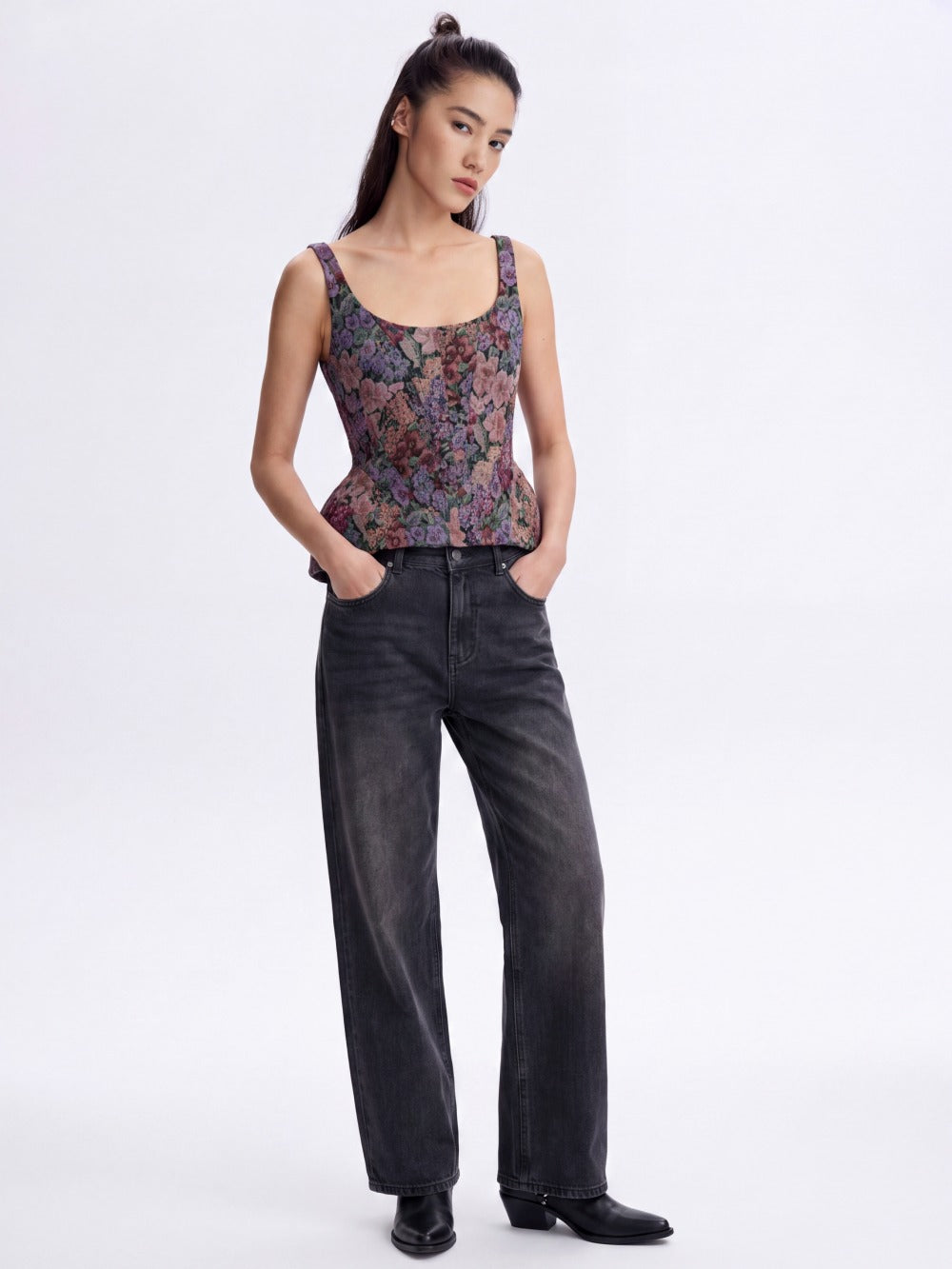 Tapestry Corset Top worn with black denim