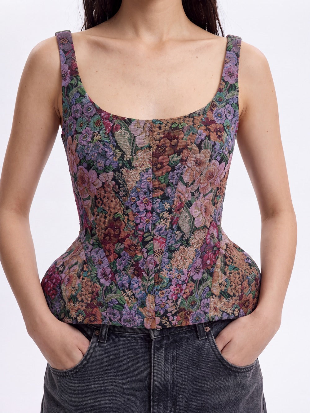 Close view of the tapestry weave and peplum