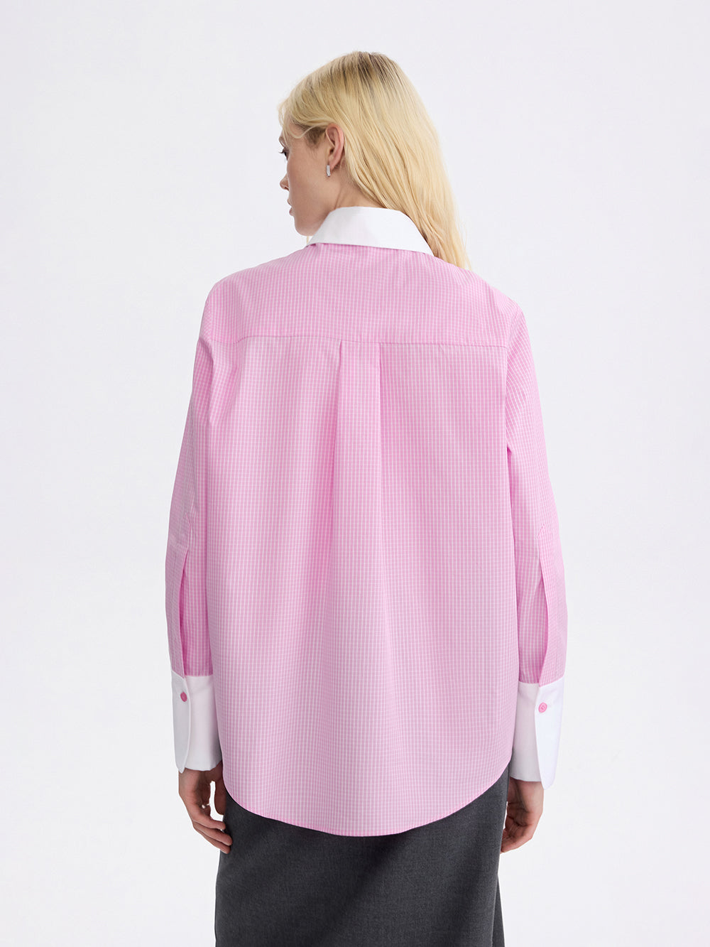 PRAS contrast collar shirt in pink check, back