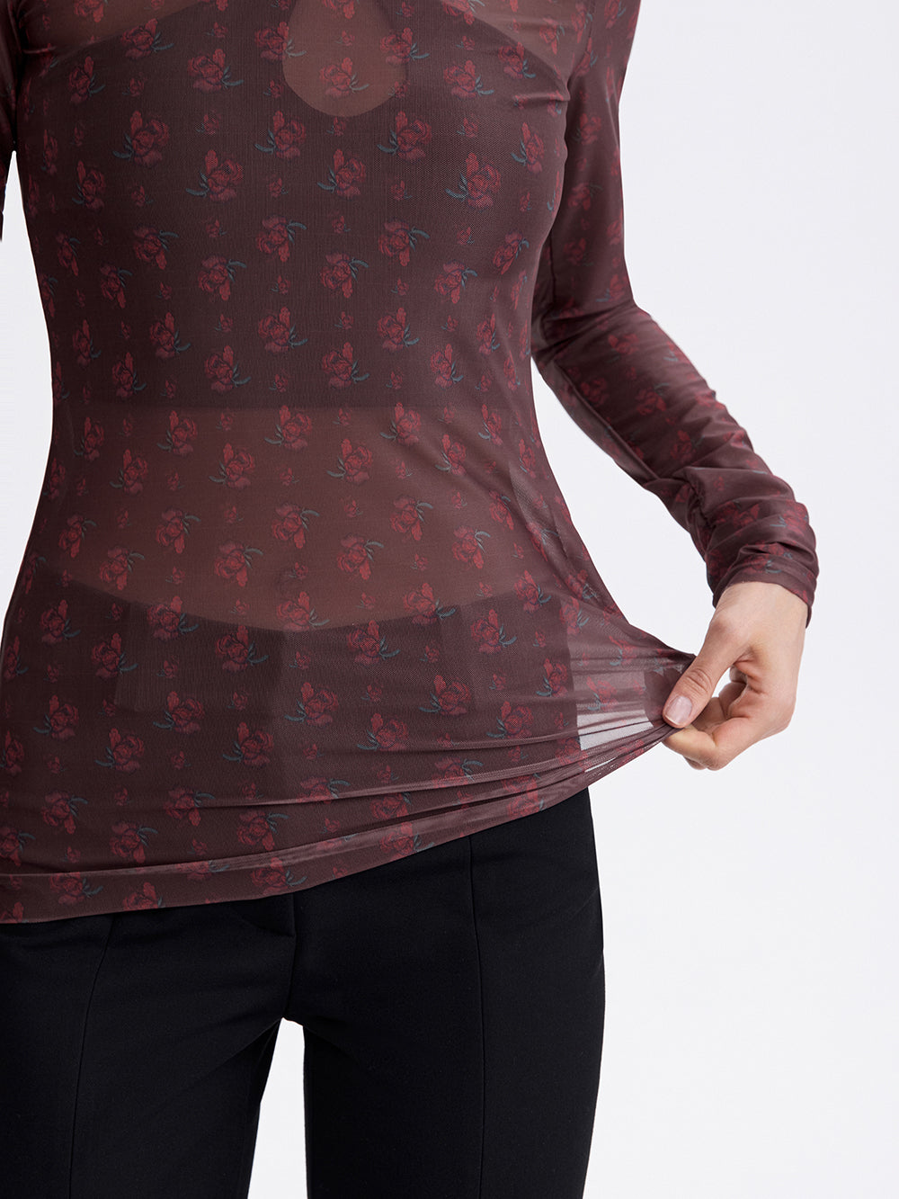 PRAS printed mesh top in burgundy, sheer fabric detail