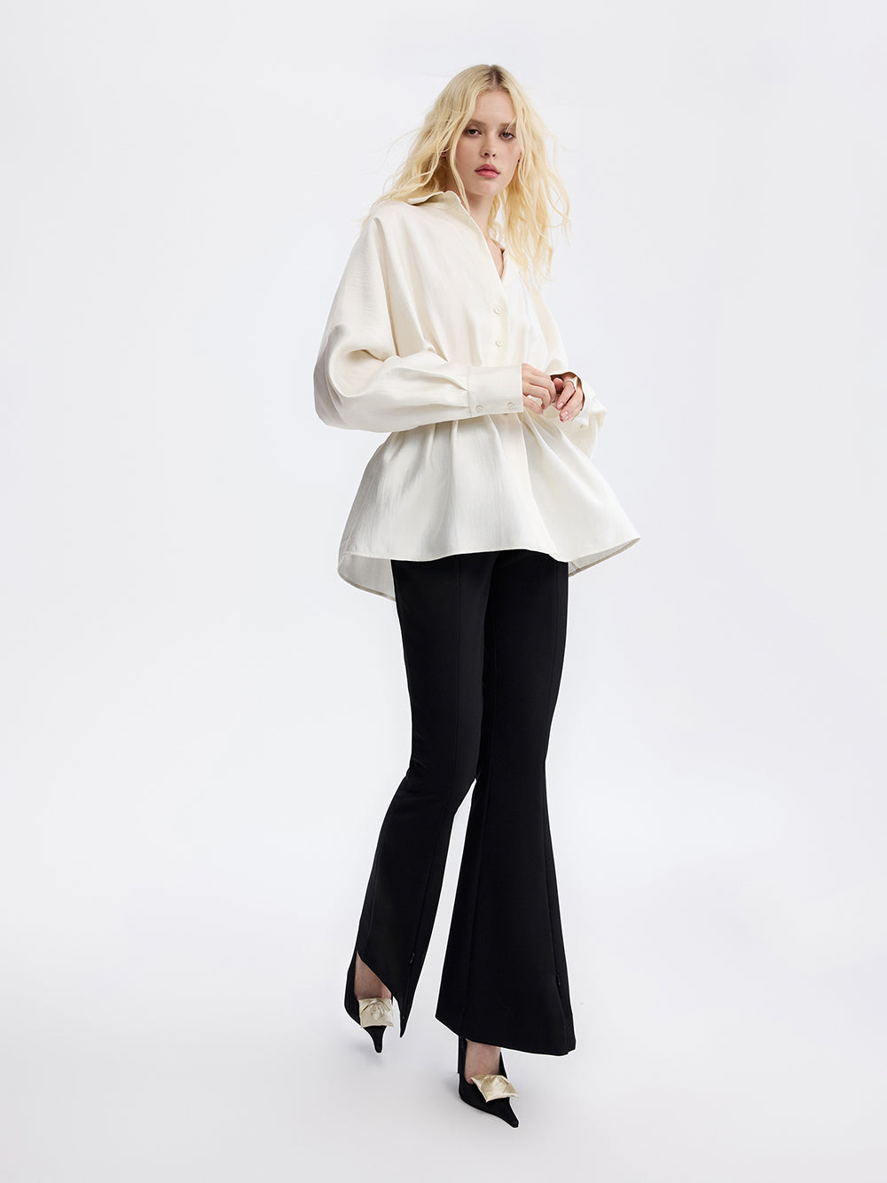 PRAS pintuck taffeta blouse, side, full length