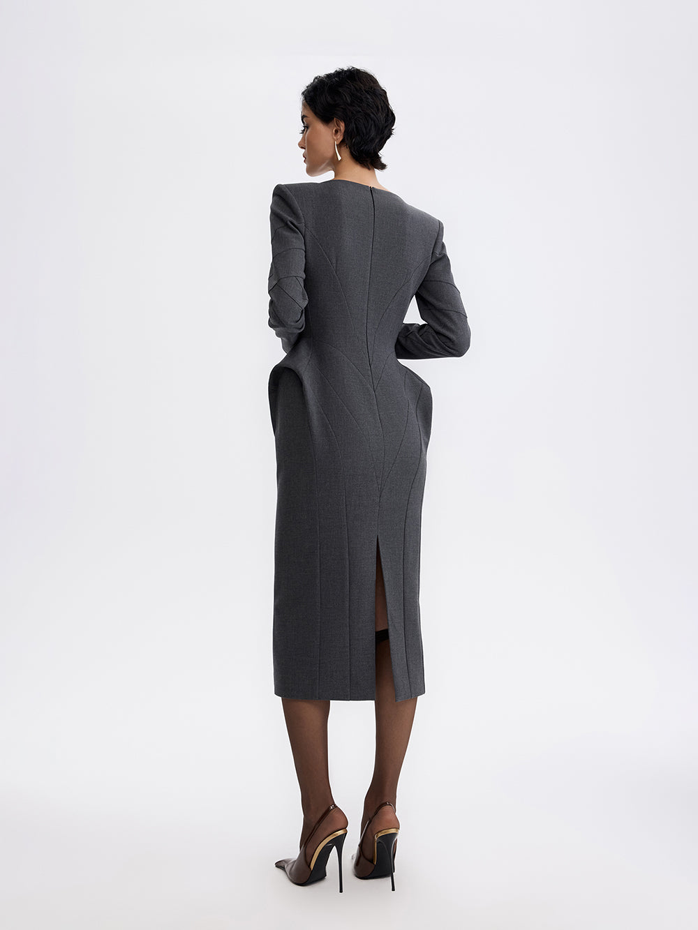 PRAS sculpted sheath dress in grey, back with vent
