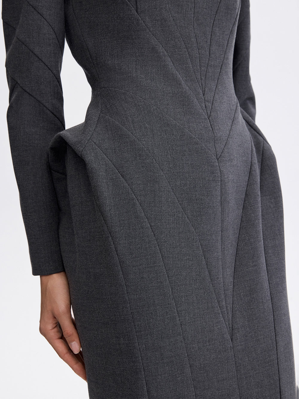 PRAS sculpted sheath dress in grey, seam detail
