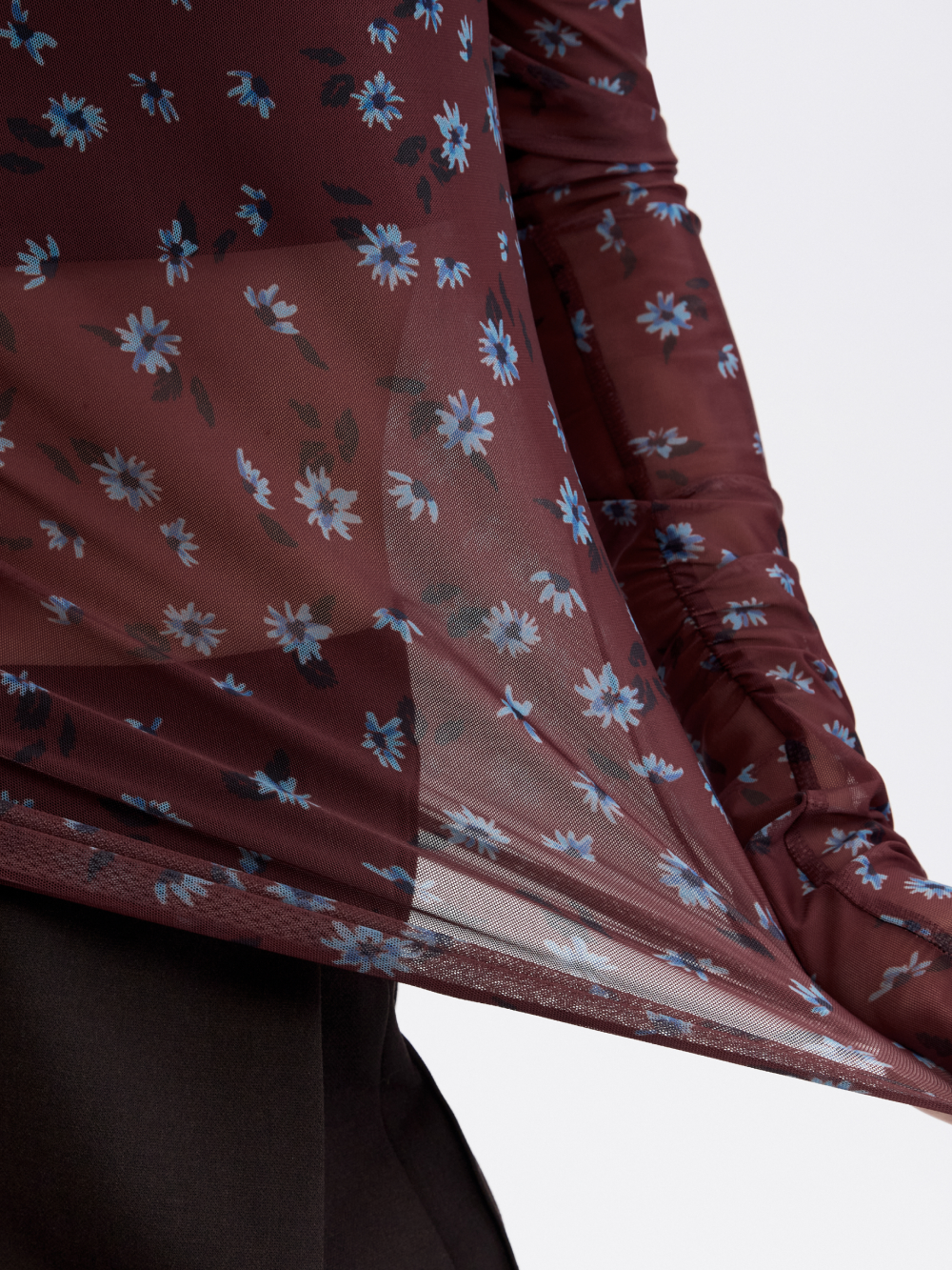 PRAS printed mesh top in brown floral, sheer fabric detail