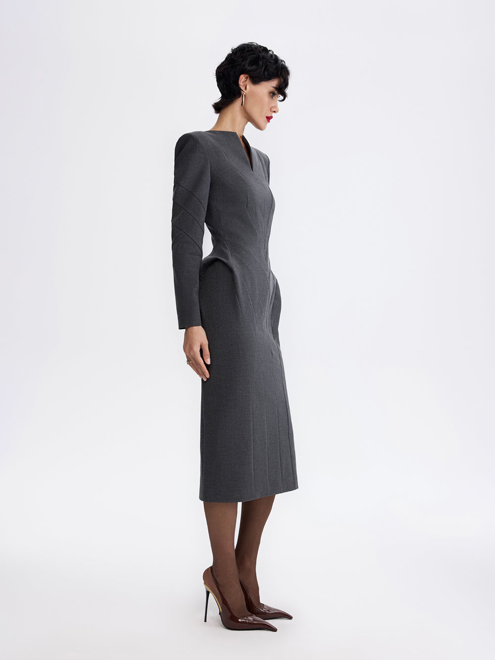PRAS sculpted sheath dress in grey, side